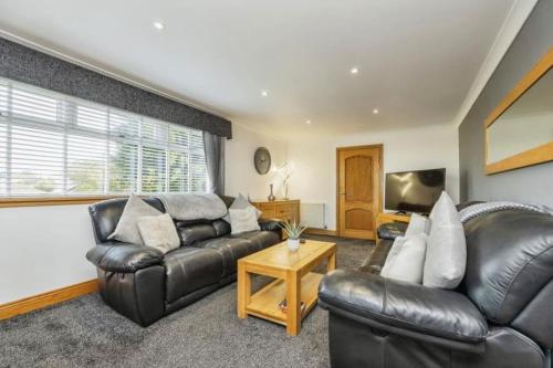 a living room with a leather couch and a television at 101 Scotia Rooms in South Cobbinshaw