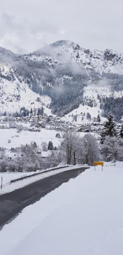 a road covered in snow next to a mountain at Zajček Apartma in Mojstrana