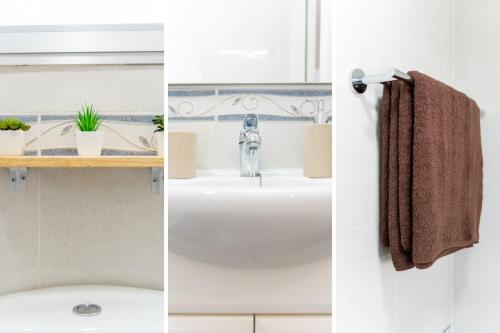 two pictures of a bathroom with a sink and a towel at Privilegiado-Tarragona-50mPlaya-WIFI-Pool-Relax8 in Tarragona