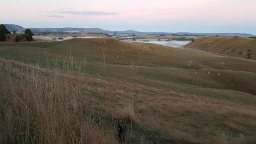 a field with a fence on a hill with a river at Ruapehu Mountain Motel & Lodge in Ohakune