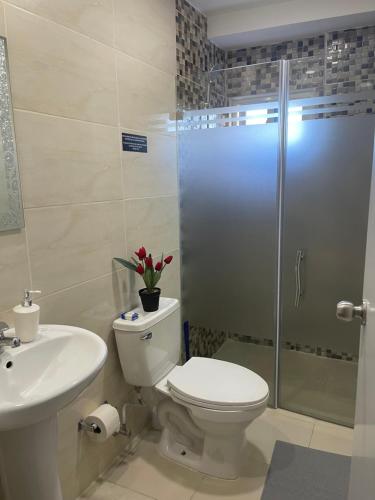 y baño con aseo, lavabo y ducha. en Plataview Apartahotel apt 3C en Monte Plata