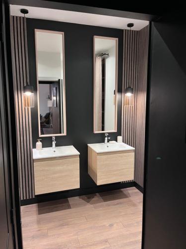La salle de bains est pourvue de 2 lavabos et de 2 miroirs. dans l'établissement Appartement 2 chambres - Saint Pierre, à Troyes