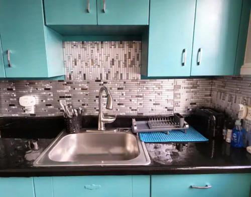 a kitchen counter with a sink and blue cabinets at Charming! near CLE Clinic/UH/CWRU/Dwntwn w/porch in Cleveland