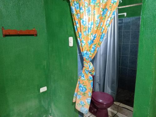 uma cortina de chuveiro na casa de banho com WC em El Pacific Surf House em Sipacate