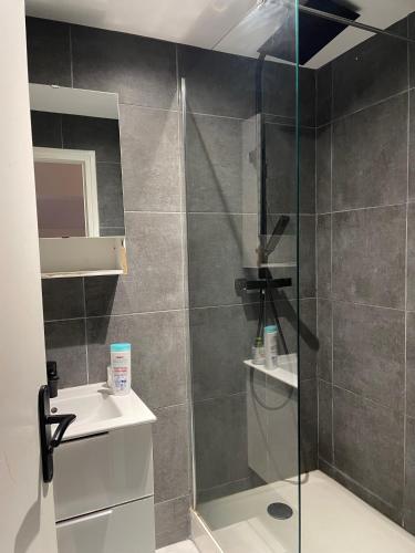 une salle de bain avec douche et lavabo dans l'établissement 017 CHIC & COSY F2 53m2 HYPERCENTRE WIFI SMART TV NETFLIX, à Saint-Étienne