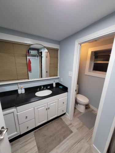 a bathroom with a sink and a toilet at The Dune Beach House in Norfolk