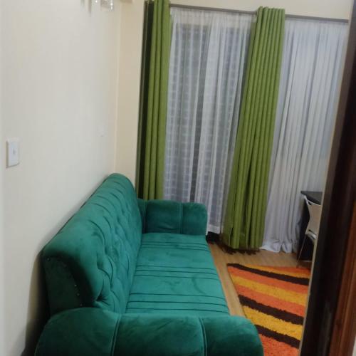 ナイロビにあるShanDezのリビングルーム(緑のカーテン付)の緑のソファ