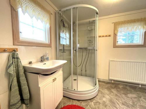 bagno con doccia e lavandino di Holiday home PRÄSSEBO II a Eckerud