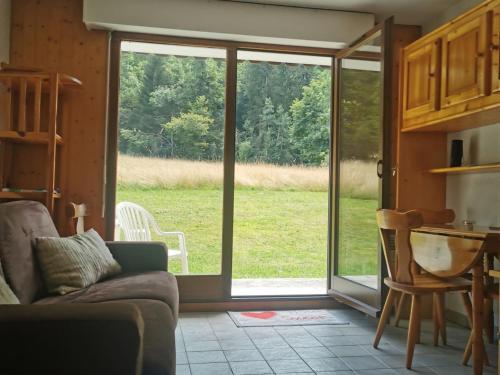 d'un salon avec une porte coulissante en verre. dans l'établissement Studio lumineux avec terrasse, proche remontées mécaniques - Logement 3 personnes à Châtel - FR-1-676-180, à Châtel
