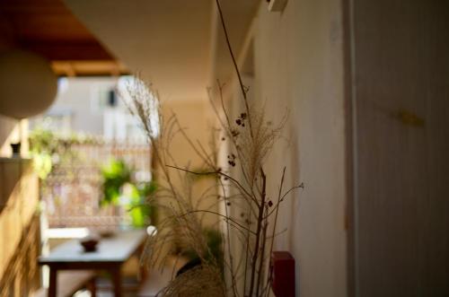 a vase with plants in it next to a wall at Hantang Inn Hostel Xi'an in Xi'an