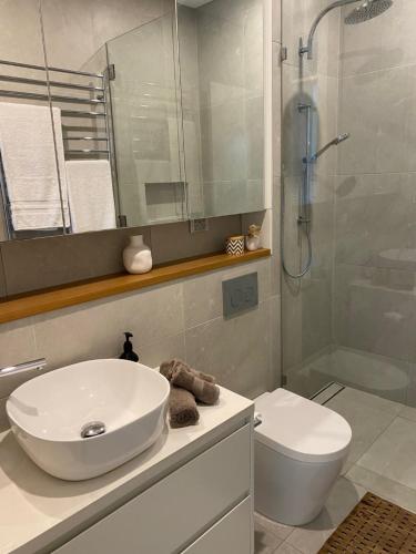 a bathroom with a sink and a shower and a toilet at Seaside Escape in Sydney