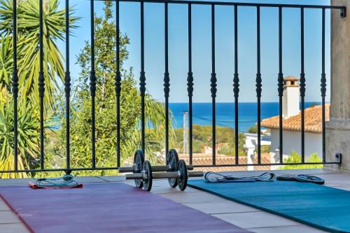 a view of a gym with dumbbells on mats at Villa Pura Vida in Denia