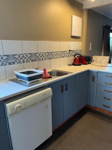 a kitchen with blue cabinets and a sink and a dishwasher at Rainbow Mountain cottage in Rotorua