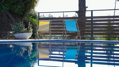 two chairs sitting next to a swimming pool at Mountain Retreat in Troodos