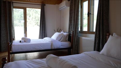 two beds in a room with a window at Mountain Retreat in Troodos