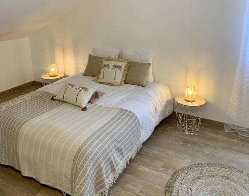 a bedroom with a bed and two tables with lamps at Villa Rosa Palma 10 personnes piscine chauffée à St Gilles les bains in Saint-Paul
