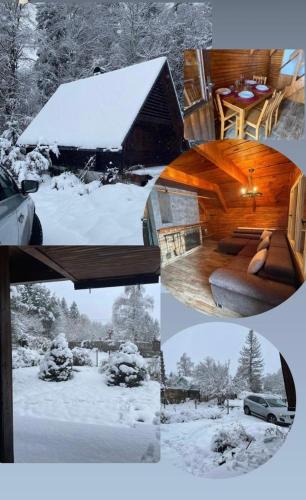 eine Collage mit Bildern einer Hütte im Schnee in der Unterkunft Ubytování Doubice in Doubice