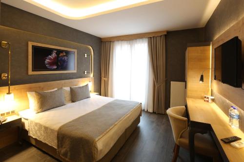 Habitación de hotel con cama y TV en Hisarhan Otel en Amasya