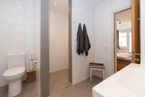 a white bathroom with a toilet and a shower at Ferienwohnung Spannring in Schruns
