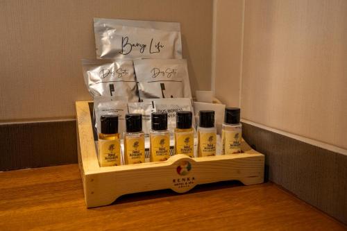 a crate of bottles of soap on a table at Renka Hotel & Spa in Göcek