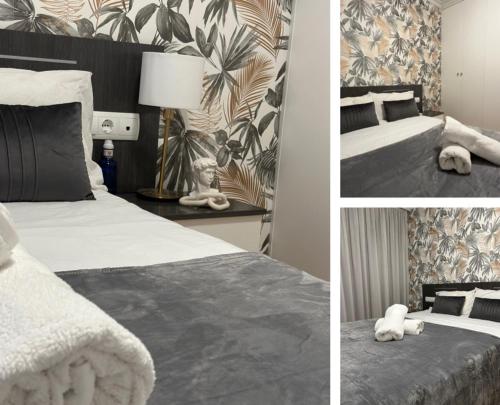 two pictures of a bedroom with a bed and a lamp at EXPLANADA BEACH FLAT in Alicante