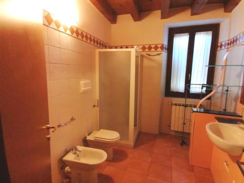 a bathroom with a shower and a toilet and a sink at Casa Sveva - Appartamento vista castello in Costa di Mezzate