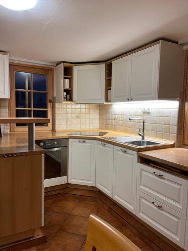 a kitchen with white cabinets and a sink at House-tanjevica in Kostanjevica na Krki