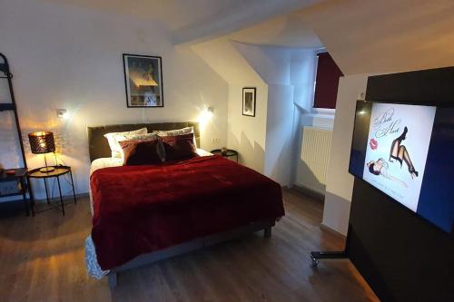um quarto com uma cama com um edredão vermelho em Charmant studio avec grande baignoire em Namur