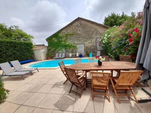 un patio avec une table et des chaises et une piscine dans l'établissement Le gîte et le cottage de Sainte Valière Piscine et SPAS, à Sainte-Vallière