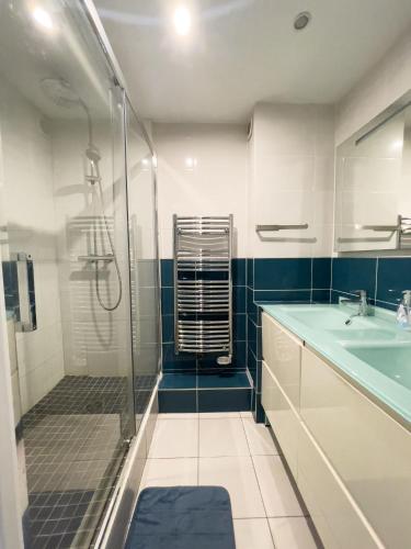 une salle de bain avec douche et lavabo dans l'établissement Superbe appartement en centre-ville, 20min de Paris, 5 min d'Enghien, à Saint-Gratien