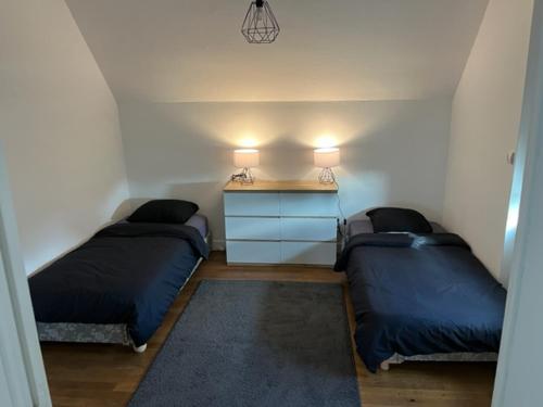 1 Schlafzimmer mit 2 Betten und einer Kommode mit 2 Lampen in der Unterkunft Gite for You Orchidée in Neuvy-sur-Loire