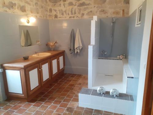 ジョワイユーズにあるGîtes de charme la FENIERE, 105 m2, 3 ch dans Mas en pierres, piscine chauffée, au calme, sud Ardècheのバスルーム(洗面台、トイレ付)