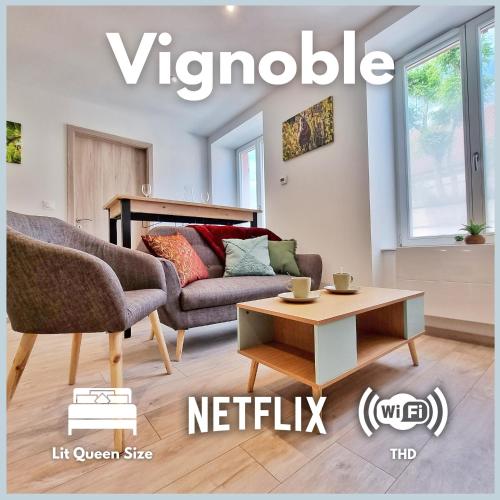 un salon avec un canapé et une table dans l'établissement Chez Patisa - Business and Tourism - RBNB, à Guebwiller