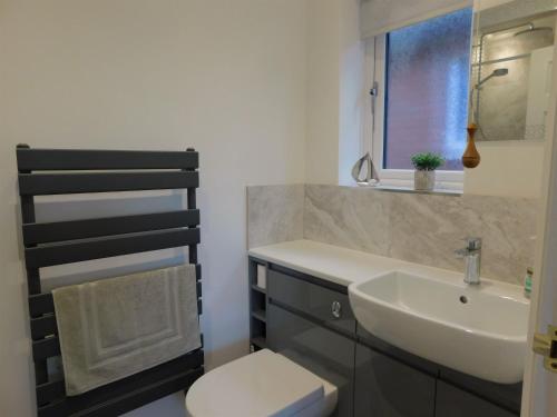a bathroom with a sink and a toilet and a window at Seaview Retreat in Sheringham