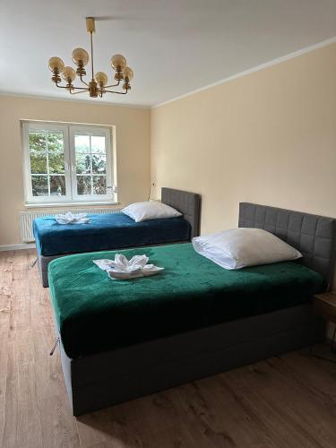 a bedroom with two beds and a chandelier at Hotel Waldeslust in Kurort Altenberg