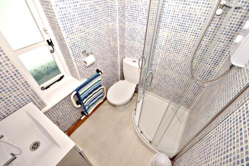 a bathroom with a shower with a toilet and a sink at 2 Museum Cottages in Sheringham