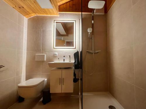 a bathroom with a toilet and a sink and a shower at Ferienwohnung Auszeit in Bad Hindelang
