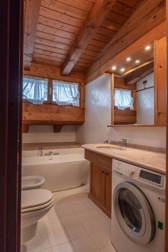a bathroom with a toilet and a washing machine at Mansarda Belvedere - panoramica e wellness in San Vito di Cadore