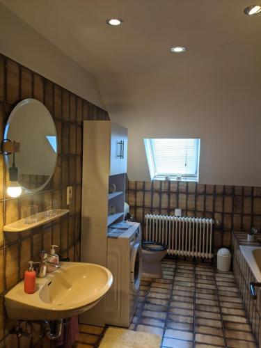 a bathroom with a sink and a toilet and a mirror at FeWo Wiesenallee OG in Geeste