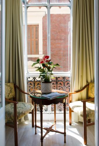 a table with a plant on it in front of a window at Hostal Macarena in Madrid