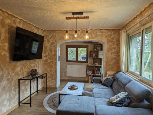 a living room with a couch and a tv at Les Myrtilles, appartement au pied des pistes in Saint-Pierre-dels-Forcats