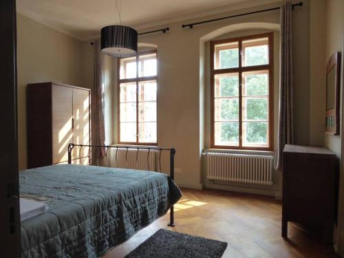 a bedroom with a bed and two windows at Urgemütliches Apartment im Denkmal in Halle an der Saale