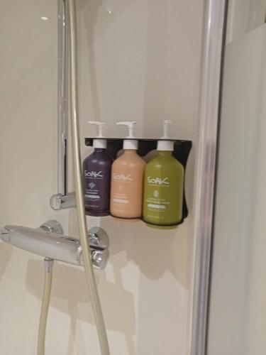 three bottles of laundry detergent sitting on a shelf in a refrigerator at Holiday Inn Dumfries, an IHG Hotel in Dumfries