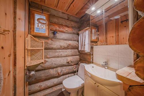 a bathroom in a log cabin with a toilet and a sink at Lapland Cabin Levi in Kittilä