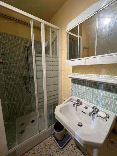 une salle de bain avec un lavabo et une douche en verre dans l'établissement 3LIB7 - au cœur du faubourg de Collioure appartement pour 3 personnes, à Collioure
