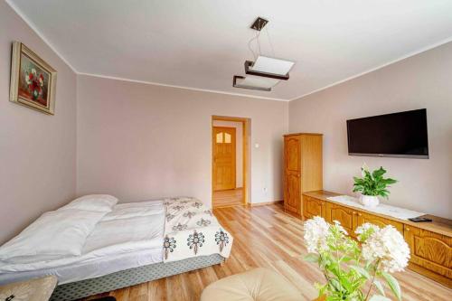 - une chambre avec un lit et une télévision à écran plat dans l'établissement Leśny Domek, à Obidowa