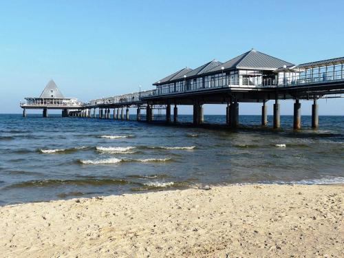 une jetée sur l'eau avec une plage de sable dans l'établissement Tarnowskis Remise Villa Seeblick, nur 50m zum Strand, WLAN, à Neuhof