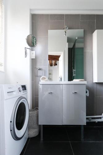 La salle de bains est pourvue d'un lave-linge et d'un miroir. dans l'établissement Paris, Bastille, Style atelier d artiste, à Paris