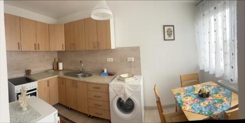 a kitchen with a washing machine and a table at Apartment Milkica in Sarajevo