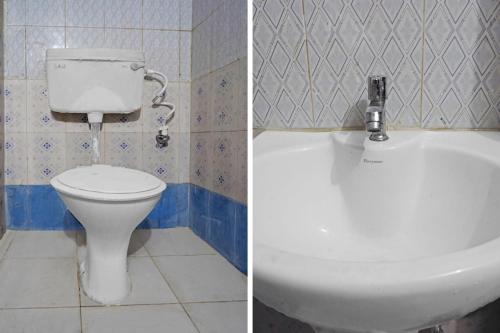 two pictures of a bathroom with a toilet and a sink at Flagship Well Quest Palace Private Limited in Patna